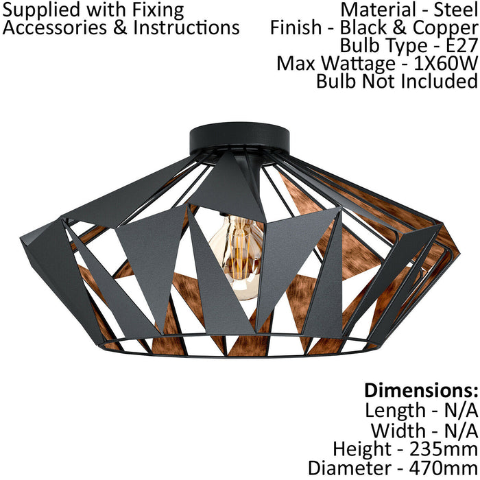 Low Ceiling Light & 2x Matching Wall Lights Black Copper Geometric Lamp Shade Loops