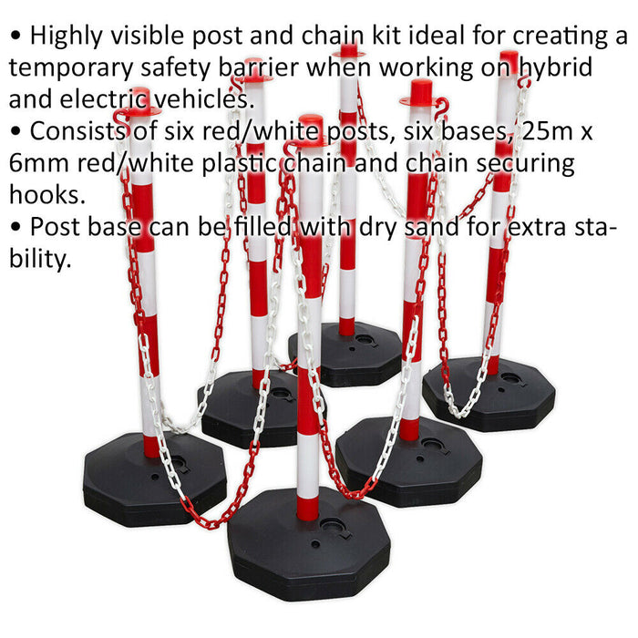 25m Post & Chain Kit - High Vis Red & White - 6 x Posts - Safety Barrier Loops