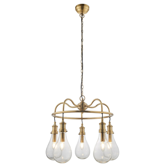 Ceiling Pendant Light - Antique Brass Plate & Clear Glass - 5 x 6W LED E14 Loops