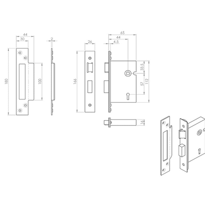 64mm 5 Lever Sashlock Square Forend Satin Stainless Steel Door Latch Loops