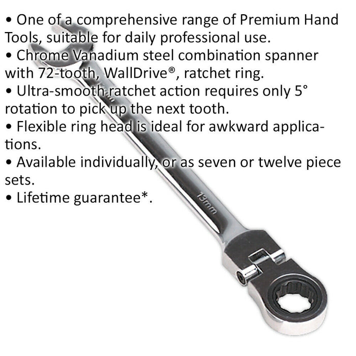 13mm Flexible Ratchet Combination Spanner - Flexible Ring Head - Chrome Vanadium Loops