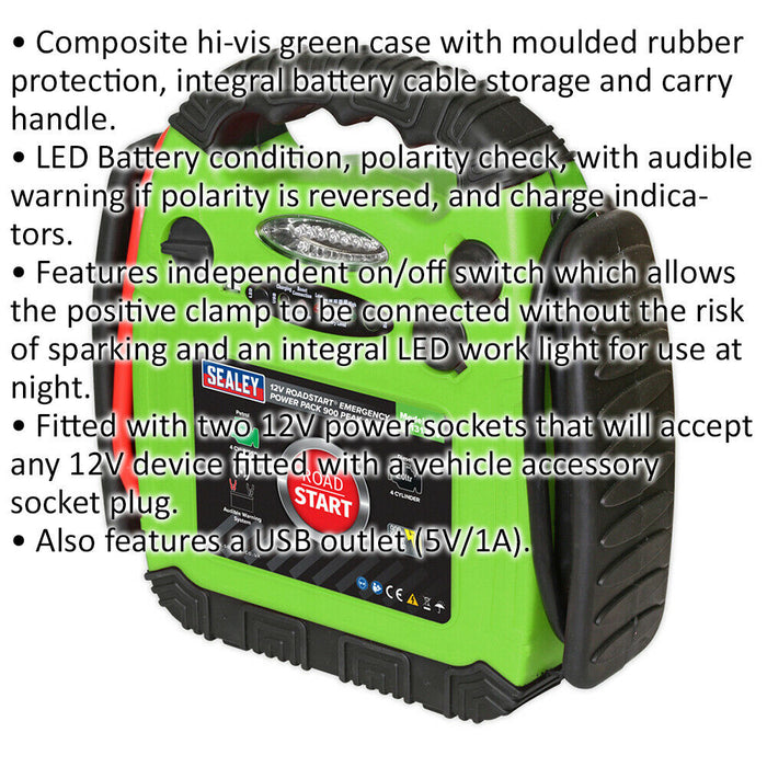 900A Emergency Jump Starter - Moulded Rubber Case - 12V Car Battery - High Vis Loops
