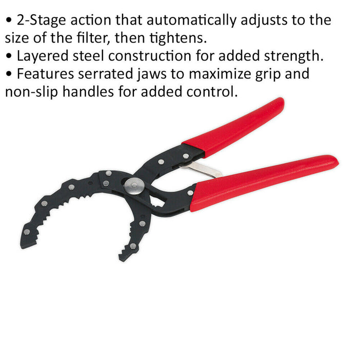 Auto-Adjusting Oil Filter Pliers - 60mm to 120mm Jaw Capacity - Serrated Jaws Loops