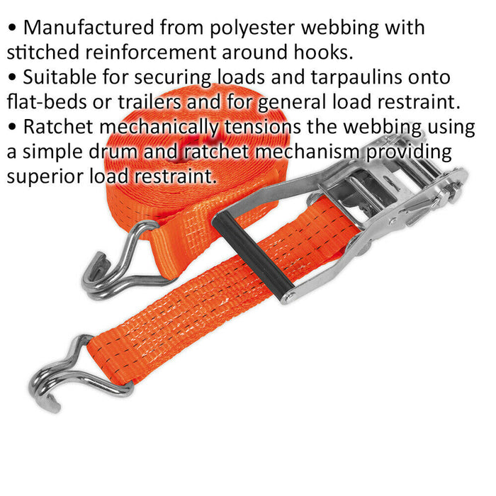 50mm x 10m 3000KG Ratchet Tie Down Straps Set - Polyester Webbing & Steel J Hook Loops