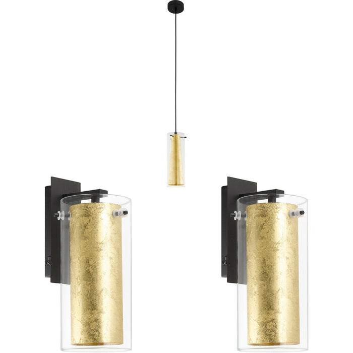 Ceiling Pendant Light & 2x Matching Wall Lights Clear Glass & Gold Shade Lamp Loops