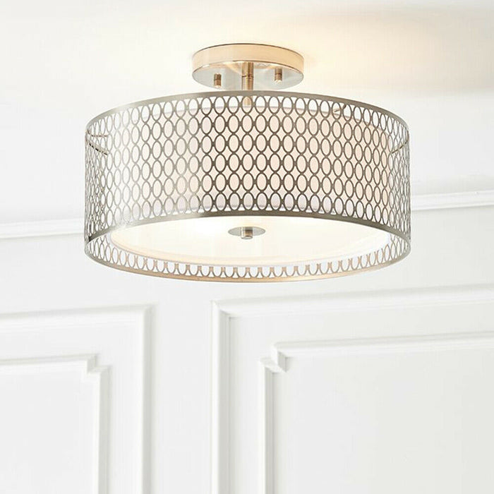 Low Ceiling Geometric Light Satin Nickel Glass & Fabric Round Modern Lamp Shade Loops