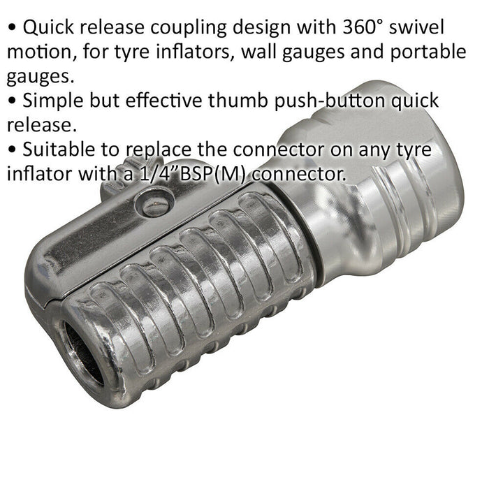 1/4" BSP Female Straight Tyre Inflator Clip-on Connector 360 Swivel Head Adapter Loops