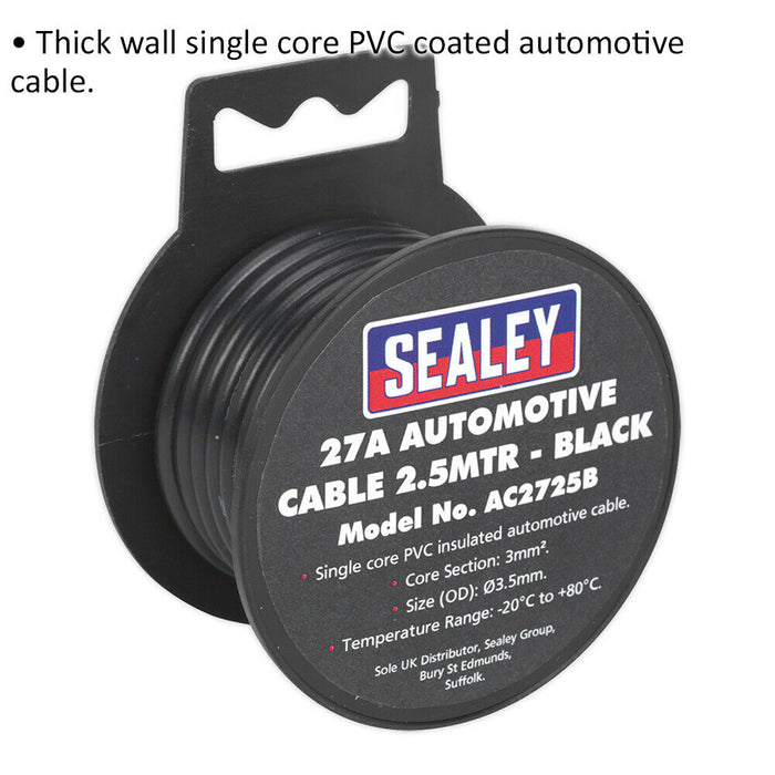Black 27A Thick Wall Automotive Cable - 2.5m Reel - Single Core - PVC Insulated Loops