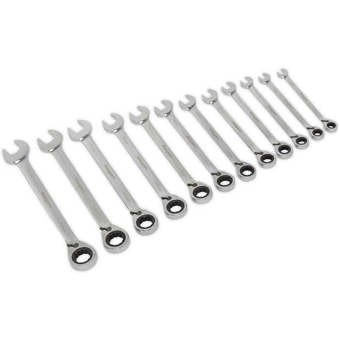 12pc Reversible Ratchet Combination Spanner Set 12 Point Metric Ring Nut Socket Loops