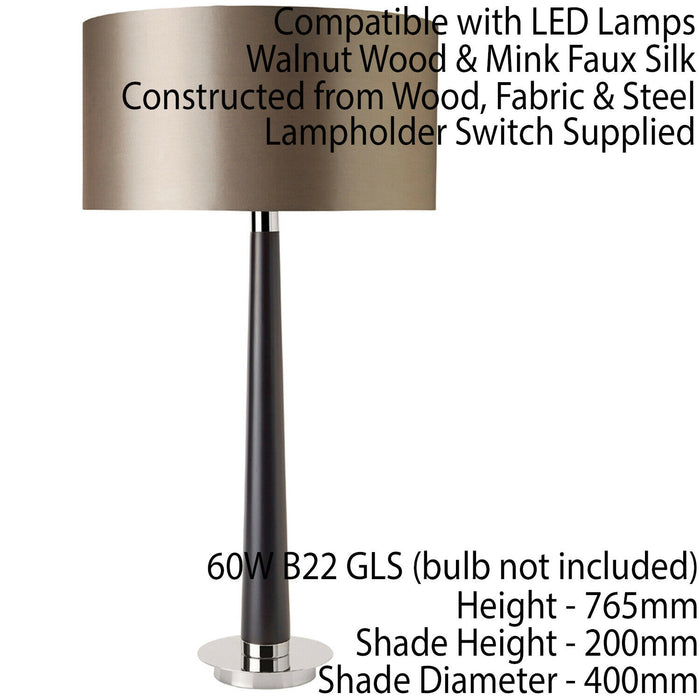 2 PACK Walnut Table Lamp Light Chrome Mink Silk Shade Round Base Desk Sideboard Loops