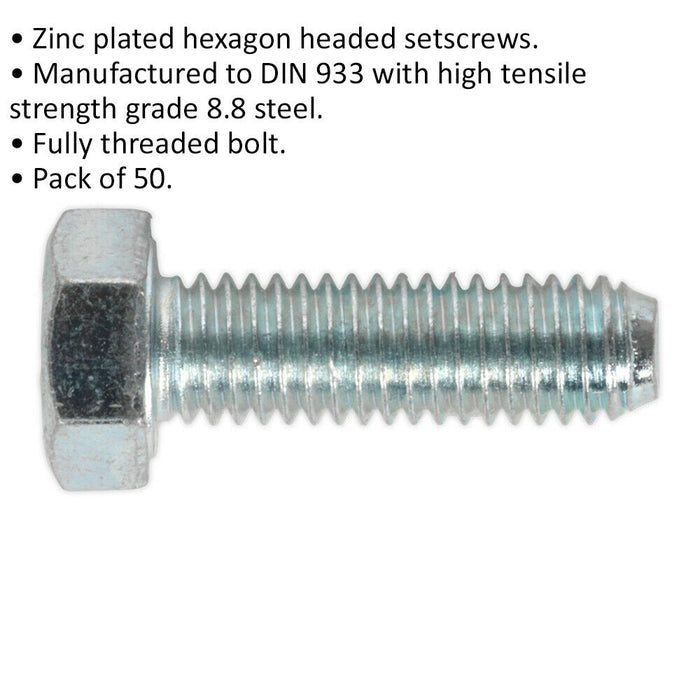 50 PACK HT Setscrew - M5 x 16mm - Grade 8.8 Zinc - Fully Threaded - DIN 933 Loops