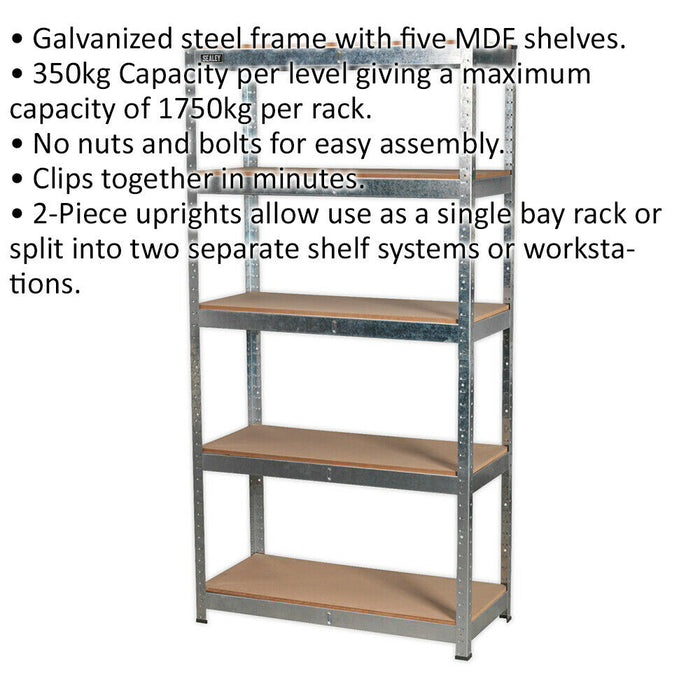 Warehouse Racking Unit with 5 MDF Shelves - 350kg Per Shelf - Galvanized Steel Loops