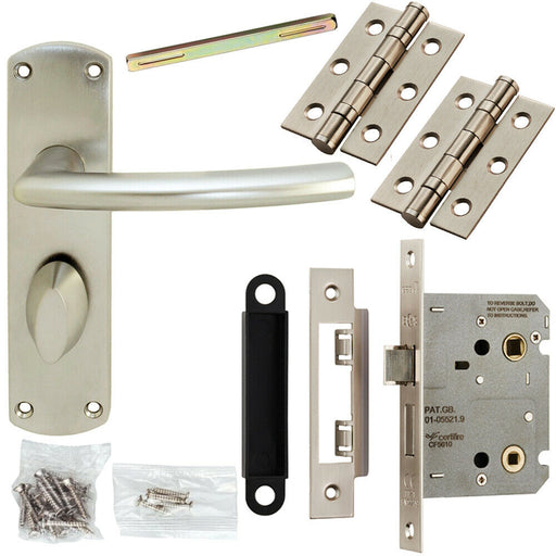 Door Handle & Bathroom Lock Pack Satin Chrome Modern Curved Lever Backplate Loops