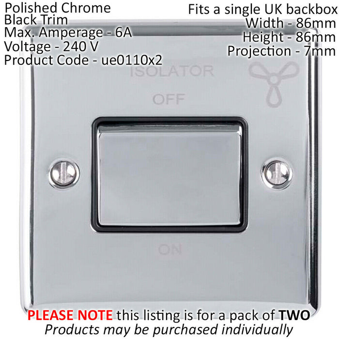 2 PACK 6A Extractor Fan Isolator Switch CHROME & Black Trim 3 Pole Shower Loops