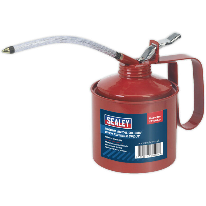 1000ml Metal Oil Can with Flexible Spout - Thumb Operated Lever - Oil Dispenser Loops