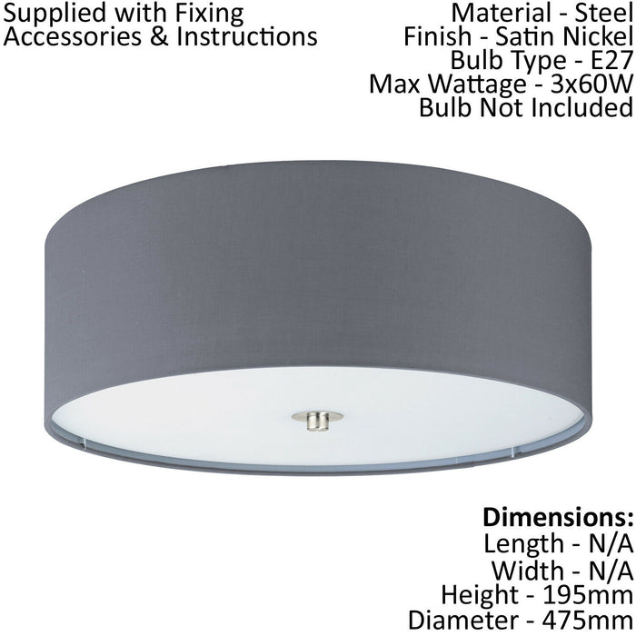 Flush Ceiling Light Colour Satin Nickel Shade Grey Fabric Glass Bulb E27 3x60W Loops