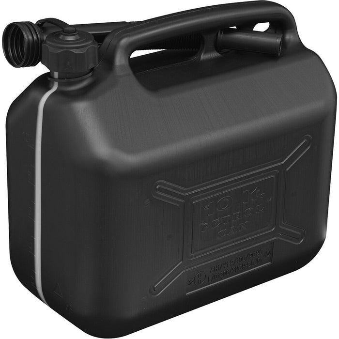 10 Litre Plastic Fuel Can -  Safety Screw Lock Cap - Flexible Spout - Black Loops