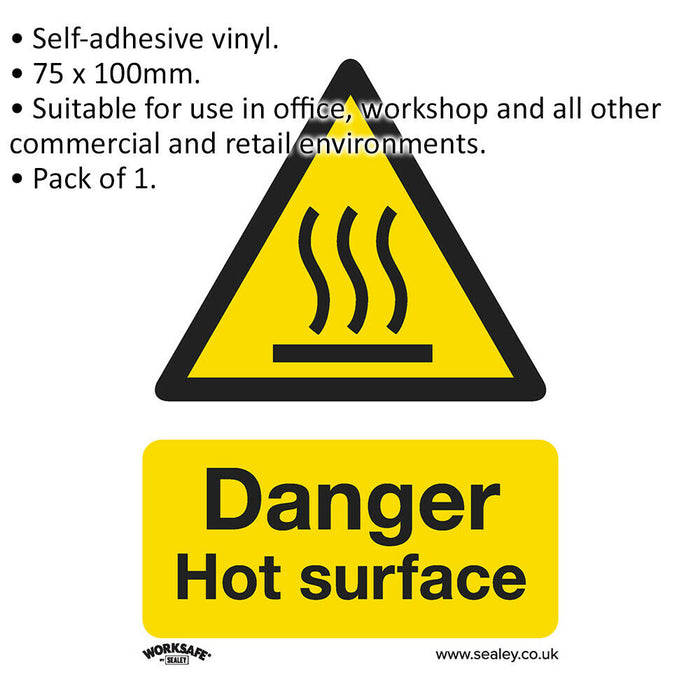 1x DANGER HOT SURFACE Health & Safety Sign - Self Adhesive 75 x 100mm Sticker Loops
