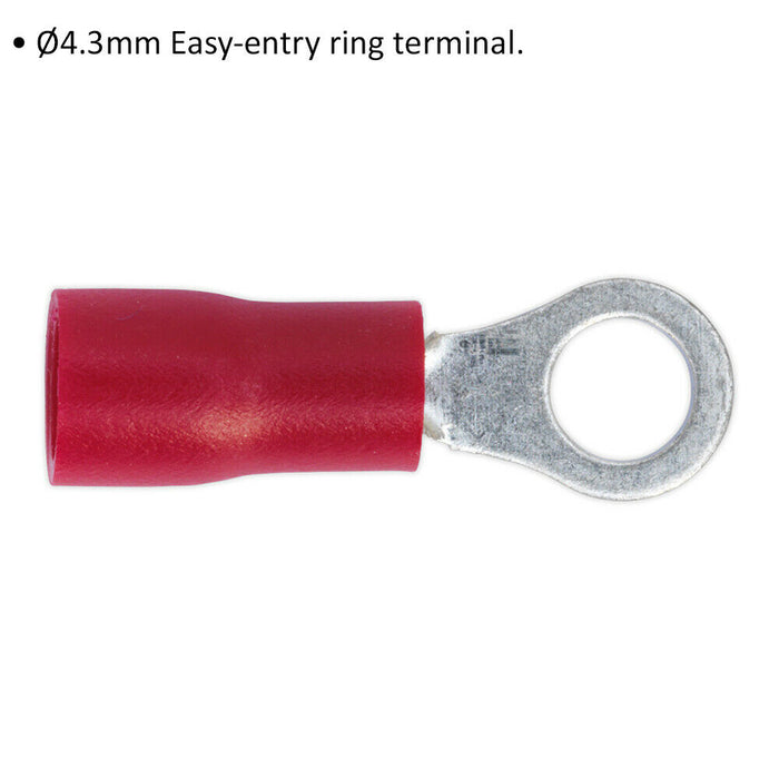 100 PACK Easy-Entry Ring Terminal - 4.3mm Diameter - 22 to 18 AWG Cable - Red Loops