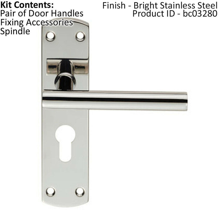 Mitred T Bar Lever Door Handle on Euro Lock Backplate 172 x 44mm Polished Steel Loops