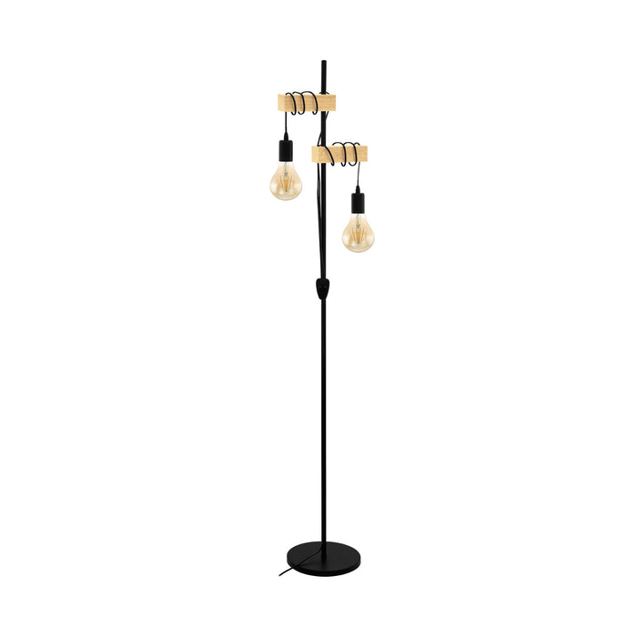 Standing Floor Lamp Light Black Base & Twin Wood Hangman 2 x 10W E27 Bulb Loops