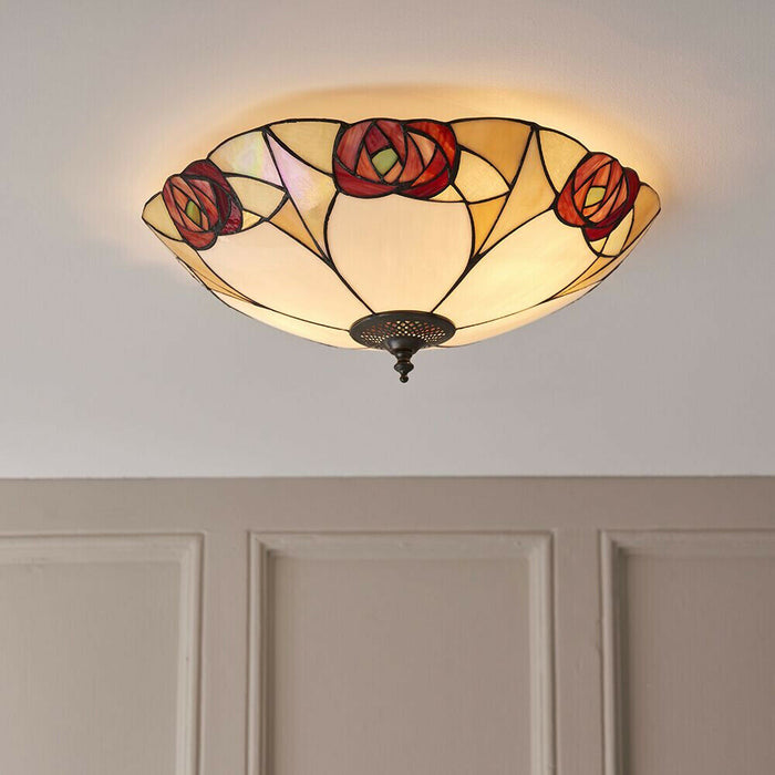 Tiffany Glass Flush Ceiling Light - Mackintosh Style Rose - Dark Bronze Finish Loops