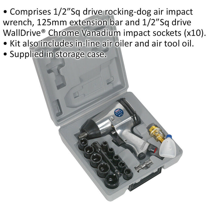 Air Impact Wrench Kit - 1/2 Inch Sq Drive - 10 Sockets - 125mm Extension Bar Loops