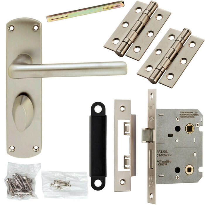 Door Handle & Bathroom Lock Pack Satin Chrome Modern Round Straight Backplate Loops