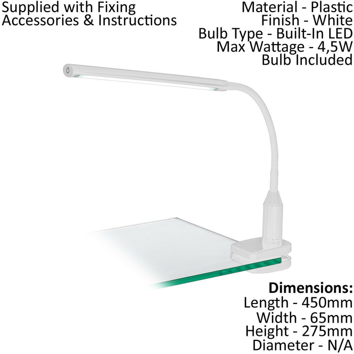Clamp Light White Shade Touch On/Off Dim Dimmable Bulb LED 4.5W Included Loops