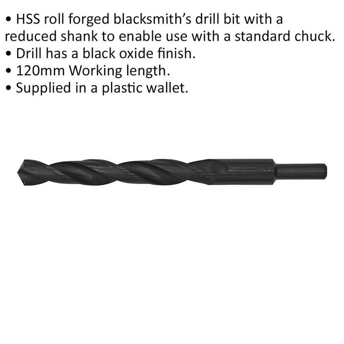 12.5 x 150mm HSS Roll Forged Blacksmith Drill Bit - Reduced Shank - 120mm Flute Loops