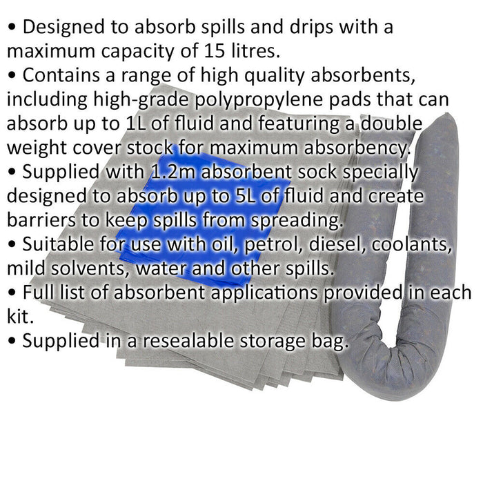 15L Spill Control Kit - 10x Fluid Spillage Pads & 1x Absorbent Sock - Oil Fuel Loops