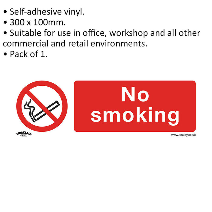 1x NO SMOKING Health & Safety Sign - Self Adhesive 300 x 100mm Warning Sticker Loops