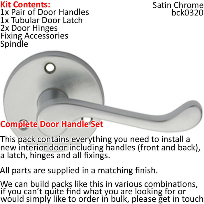 Door Handle & Latch Pack Satin Chrome Victorian Scroll Lever 58mm Round Rose Loops