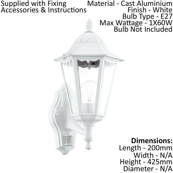 IP44 Outdoor Wall Light & PIR Sensor White Aluminium Lantern 1 x 60W E27 Bulb Loops