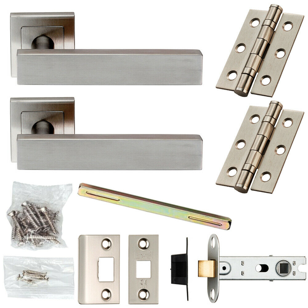 Door Handle & Latch Pack Satin Steel Modern Flat Lever Screwless Square Rose Loops