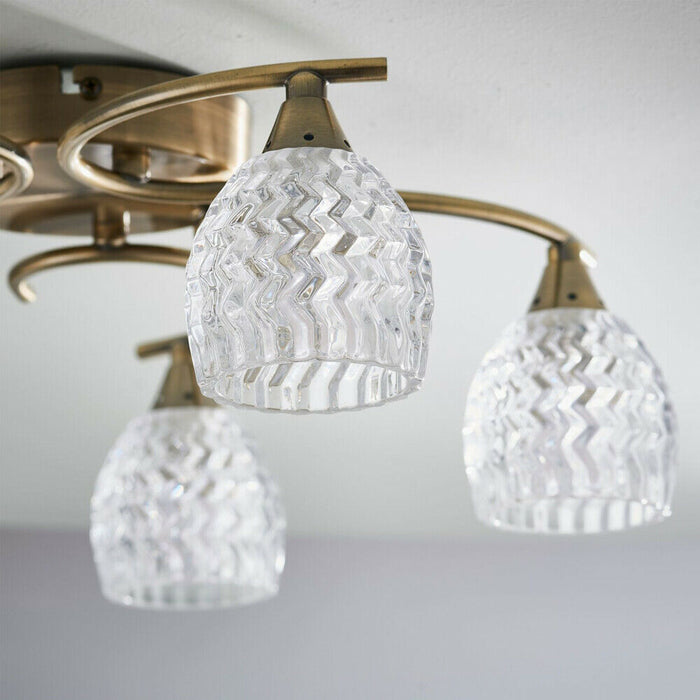 Semi Flush Ceiling Light Brass Textured Glass 5 Bulb Hanging Pendant Lamp Shade Loops