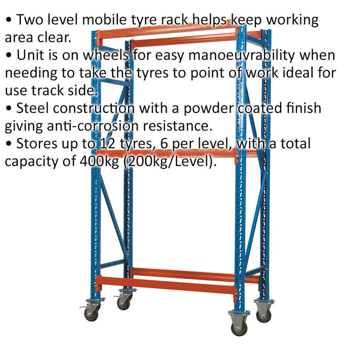 Two Level Mobile Tyre Rack - 200kg Per Level - Steel Construction - Wheeled Loops