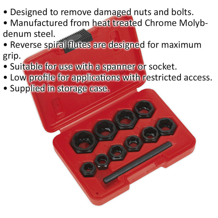 11 Piece Spanner Type Bolt Extractor Set - Reverse Spiral Flutes - Low Profile Loops
