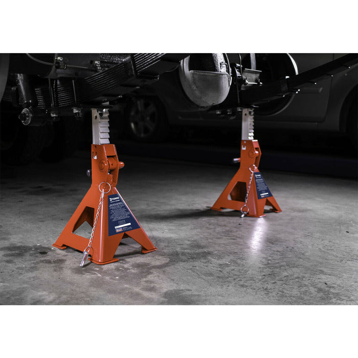 PAIR 3 Tonne Auto Rise Ratchet Axle Stands - Cast Support Post - 510mm Height Loops