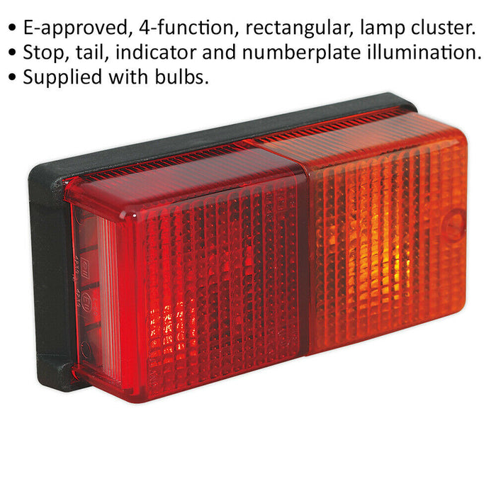 12V Rear Rectangular Lamp Cluster - 4 Function - E-Approved - Towing Light Loops