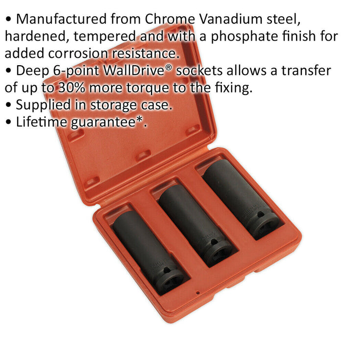 3 PACK - 17mm 19mm 21mm DEEP Impact Socket Set - 1/2" Square Drive - 6 Point Loops