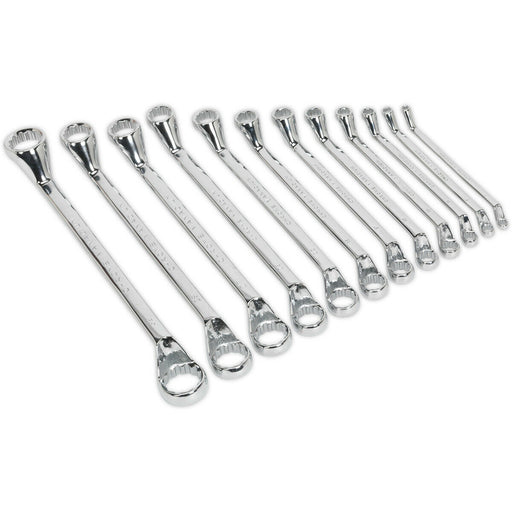 12pc DEEP OFFSET Double Ended Ring Spanner Set - 12 Point Metric Angled Nut Head Loops