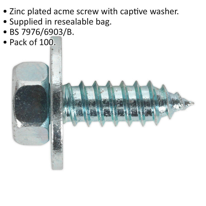 100 PACK M14 x 3/4 Inch Acme Screw with Captive Washer - Zinc Plated Fixings Loops