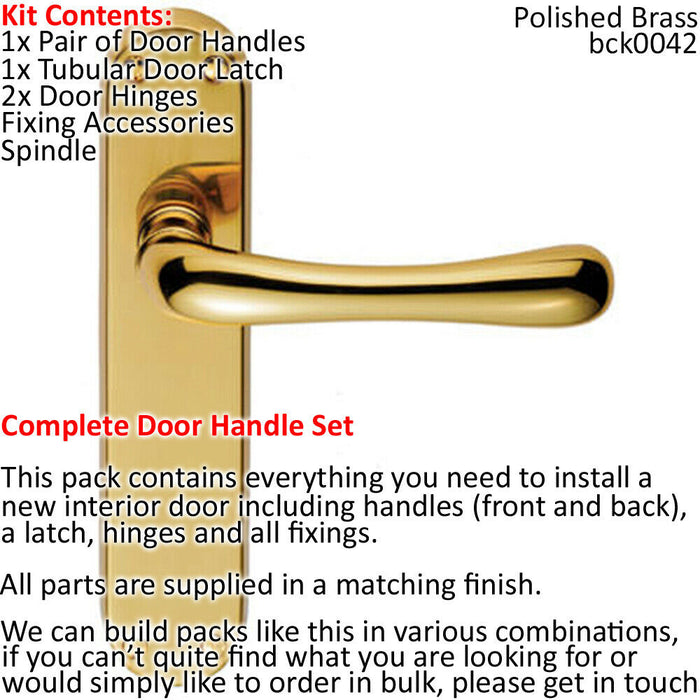 Door Handle & Latch Pack Brass Modern Flared Curved Slim Rounded Backplate Loops