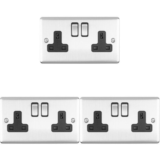3 PACK 2 Gang Double UK Plug Socket SATIN STEEL & Black 13A Switched Outlet Loops