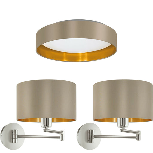 Low Ceiling Light & 2x Matching Wall Lights Taupe & Gold Round Diffused Lamp Loops