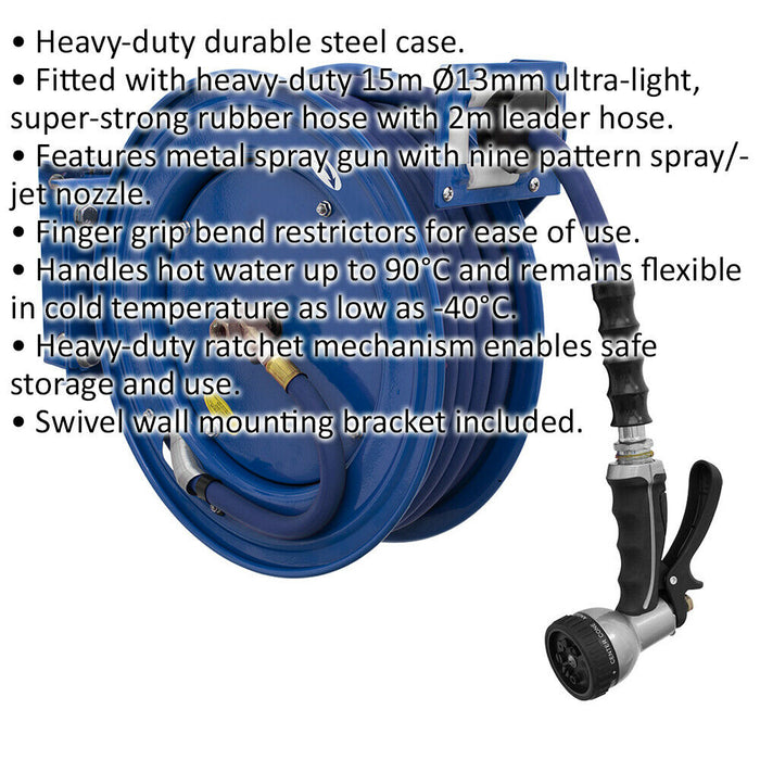 Loops - Heavy Duty Retractable Water Hose Reel - 15m x 13mm Rubber Hose - Steel Case