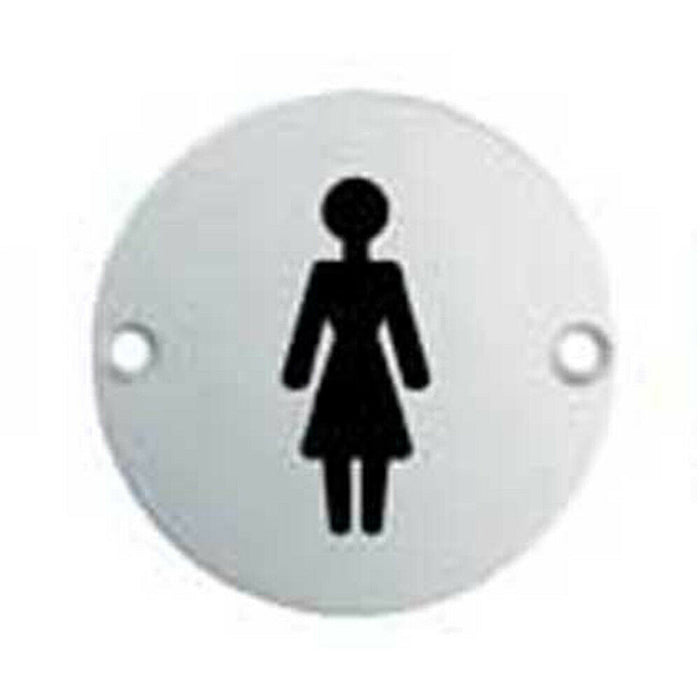 Bathroom Door Female Symbol Sign 76mm Diameter Satin Anodised Aluminium Loops