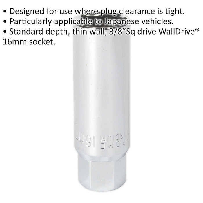 16mm Thin Walled Spark Plug WallDrive Socket - 3/8" Sq Drive - 63mm Length Loops