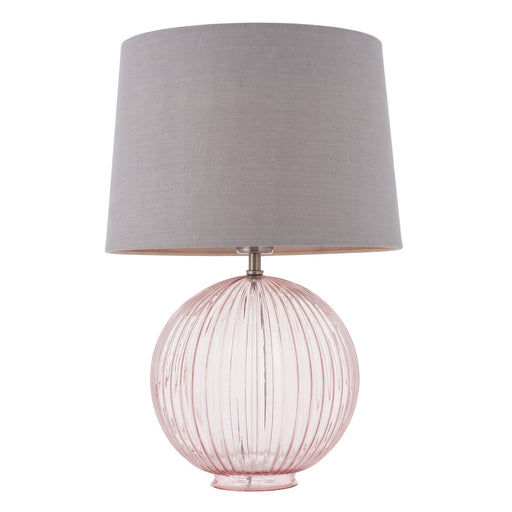 Table Lamp Dusky Pink Ribbed Glass & Charcoal Linen 40W E27 Bedside Light Loops